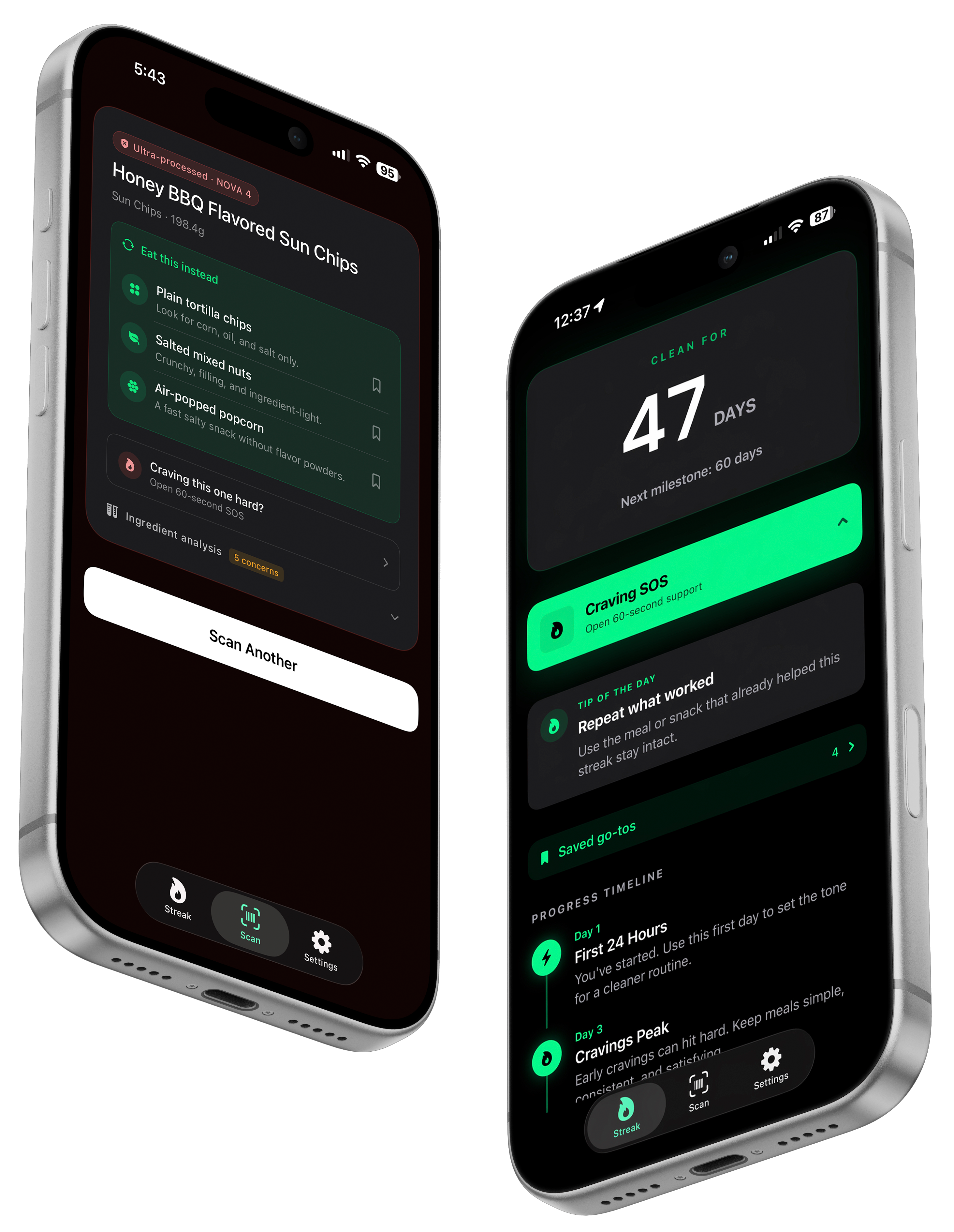 CleanStreak scan result and streak screen phone mockup